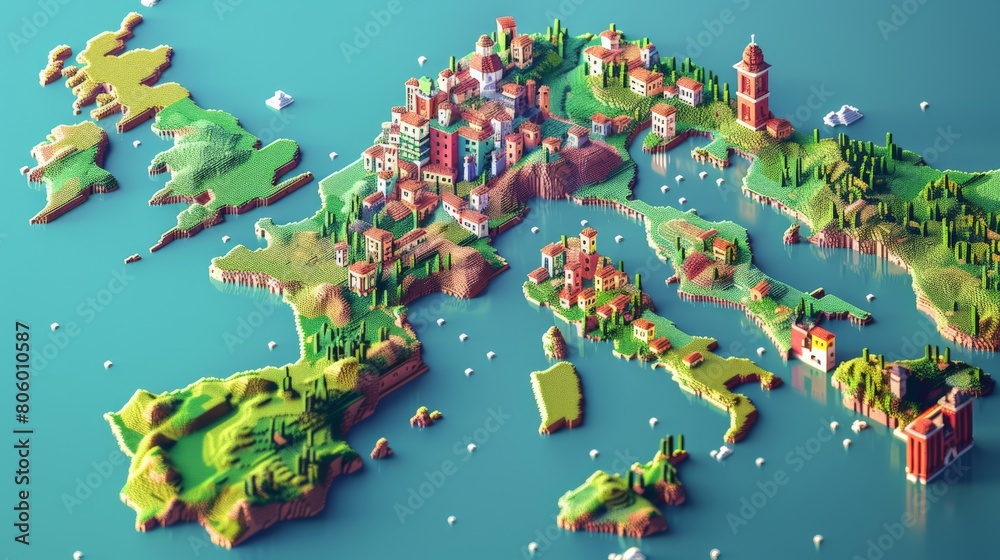 Naklejka premium View Italy states Maps 3D into captivating voxel art, adding a whimsical and dimensional touch to each states representation, diverse geography, Ensure each state stands out with depth ,isometric 