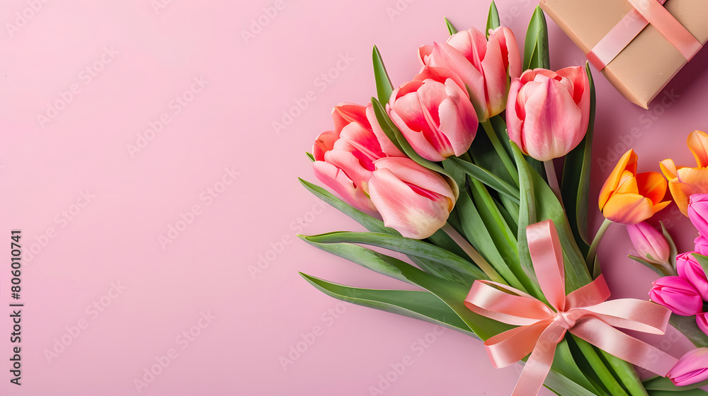 pink tulips with a ribbon and gift box on a pink background