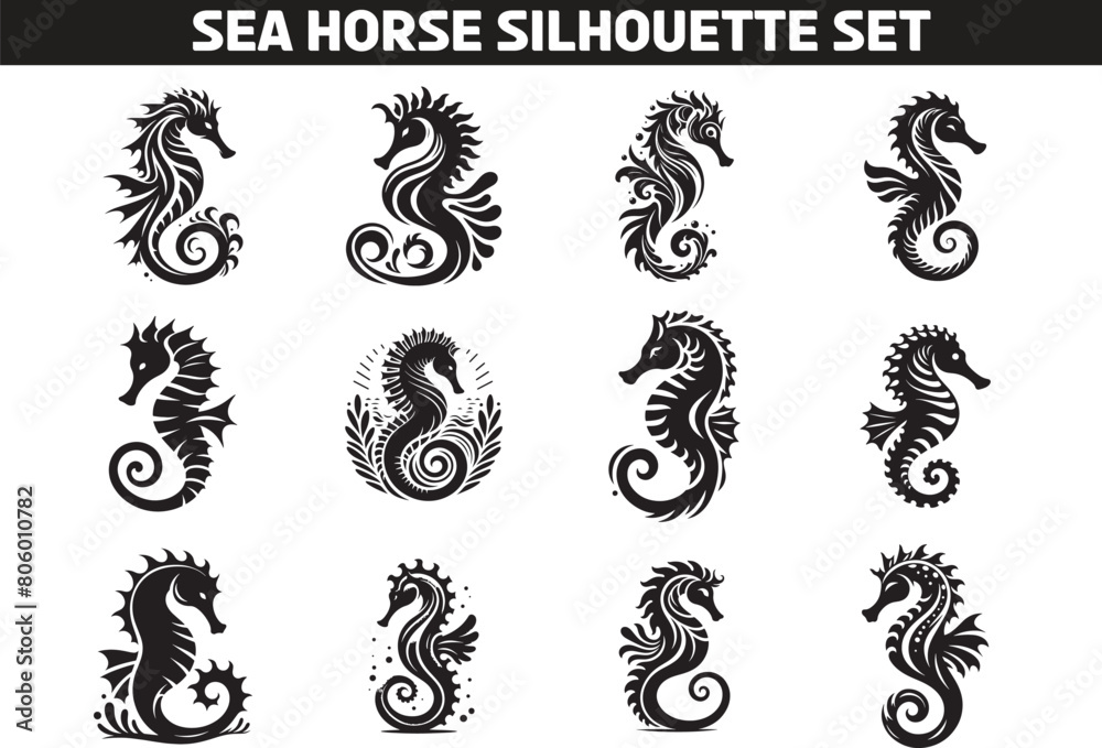 Fototapeta premium Seahorse Silhouette Vector Illustration Set