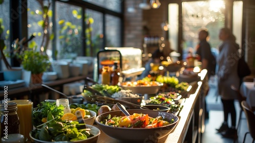 Indulge in a sumptuous Sunday brunch buffet spread featuring a variety of delicious breakfast and lunch options. Perfect for a weekend treat at a cozy cafe or upscale restaurant. photo