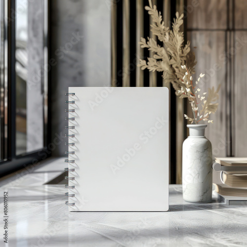 Notebook cover mockup, Mock up with white closed notebook on table in modern decorative interior