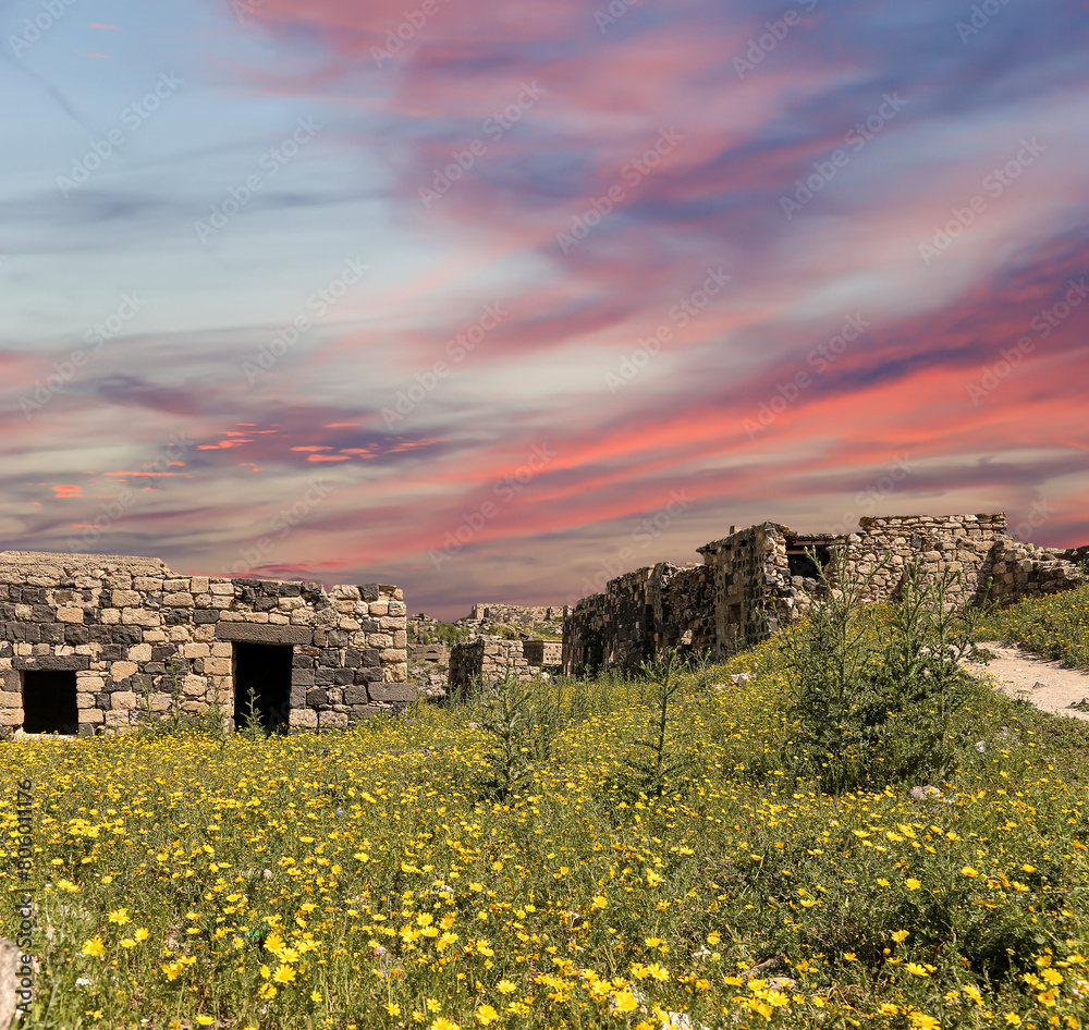 Roman ruins at Umm Qais (Umm Qays)--is a town in northern Jordan near the site of the ancient town of Gadara, Jordan. Against the background of a beautiful sky with clouds