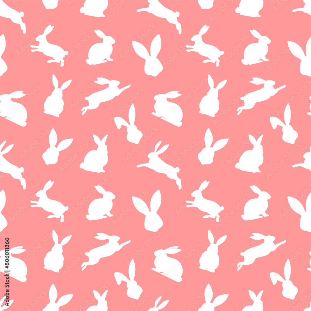 Fototapeta premium Easter seamless pattern of white rabbit silhouettes in different actions. Festive Easter bunnies design. Isolated on red background. For Easter decoration, wrapping paper, greeting, textile, print