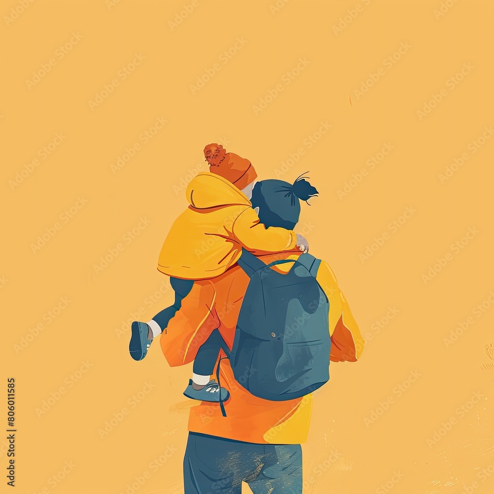 a back view of a father carrying his child, simple illustration a back view of a father carrying his child, simple illustration