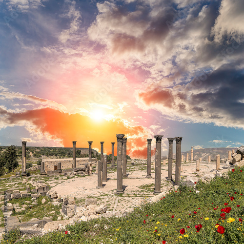 Roman ruins at Umm Qais (Umm Qays)--is a town in northern Jordan near the site of the ancient town of Gadara, Jordan. Against the background of a beautiful sky with clouds