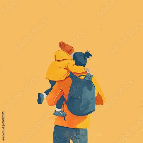 a back view of a father carrying his child, simple illustration