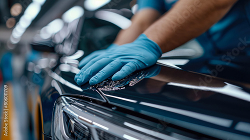 technician applying a paint sealant to a luxury sedan, focusing on the hands-on process photo