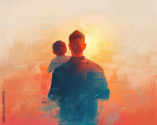 a back view of a father carrying his child, simple illustration