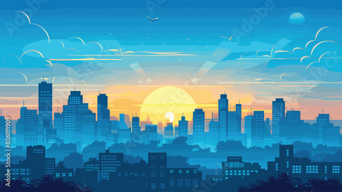 Urban skyline silhouette during sunrise vibrant orange hues, blue sky, soaring birds. Cityscape illustration captures serene morning over metropolitan area, skyscrapers outline. Serene dawn breaks