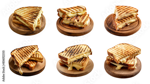 Collection toast melted cheese sandwich on wooden board isolated on a transparent background, PNG photo