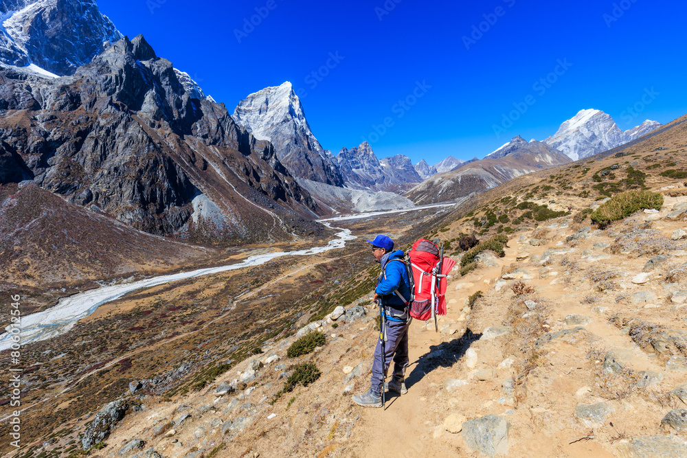 Sherpa mountain guide on his way from Dingboche to Dughla in the Khumbu region, Himalaya, Nepal