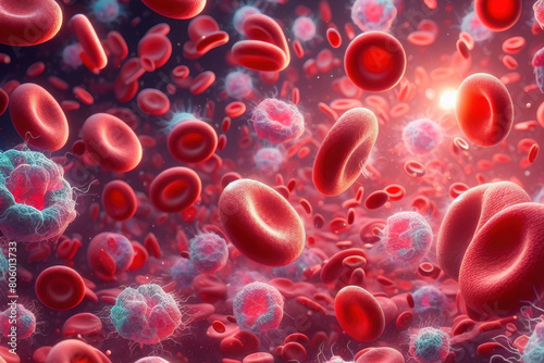 Malicious virus and human body cell with leukocytes and platelets in the circulatory system.