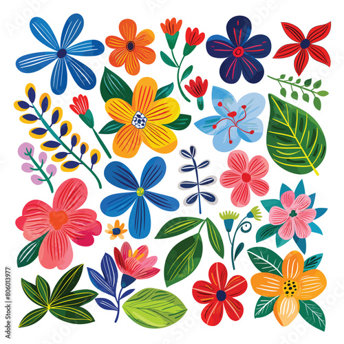 Collection colorful handdrawn flowers leaves assorted pattern. Bold colors simple shapes create cheerful botanical design. Floral elements suitable springthemed decorations designs