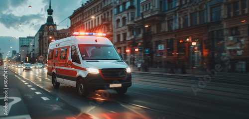 A white ambulance with red lights is driving down a city street