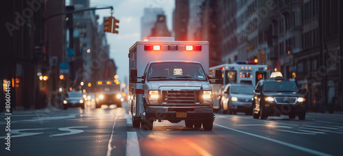 A white ambulance is driving down a busy city street