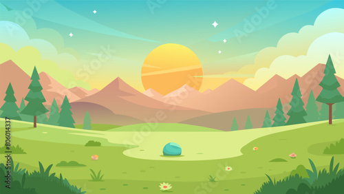 A peaceful meadow blanketed in dew illuminated by the early morning sun serves as the perfect setting for an individual to practice Qi Gong.. Vector illustration