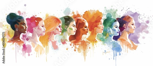 An illustration of diverse women, each with their own unique personality and style. Vector graphics with colorful watercolor splashes and pastel colors on a white background
