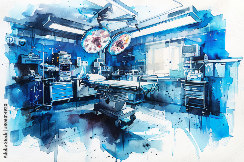 A blue and white drawing of a hospital room with a bed and a surgical table