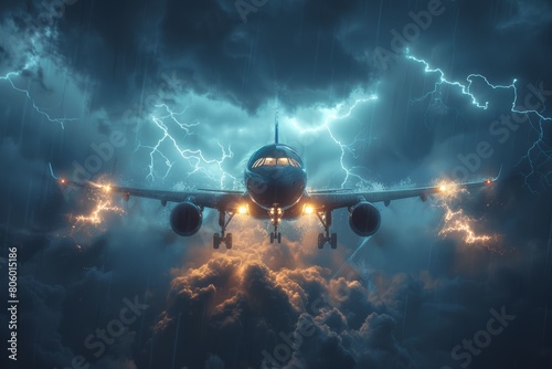 Commercial aircraft amidst thunderstorm with striking lightning