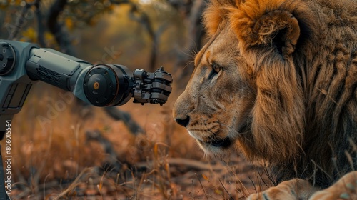 a robotic hand gently touches the nose of a majestic lion
