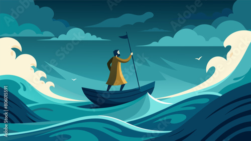 A stormy sea rages but a stoic figure stands calmly on a small boat undeterred by external forces and focused on the journey ahead.. Vector illustration