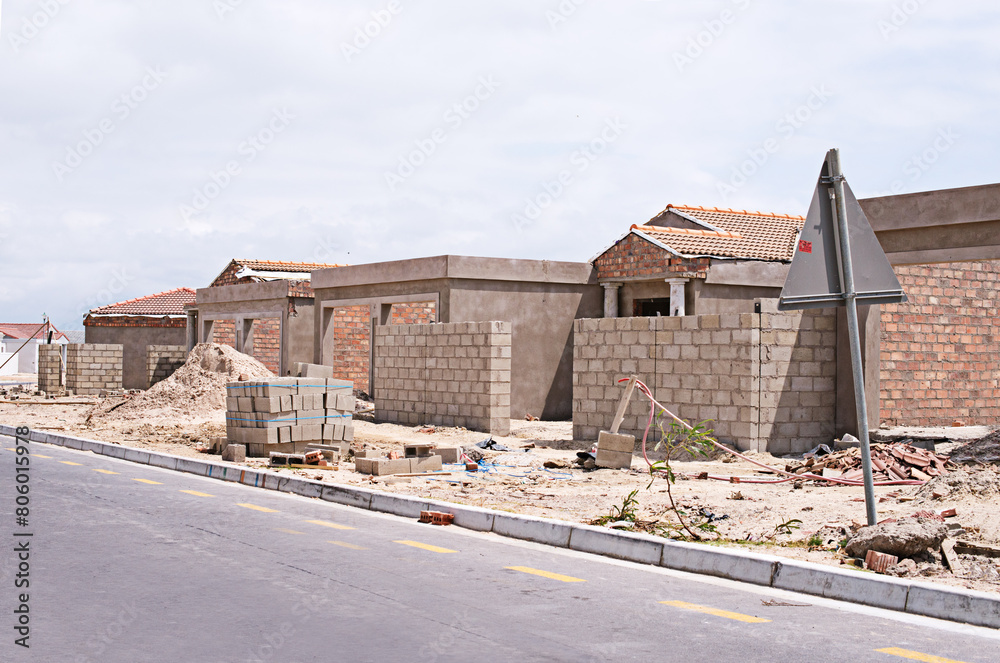 House, worksite and real estate project for construction, development and dream home renovation. Property, brick wall and architecture with structure, building and suburban improvement and design House, worksite and real estate project for construction, development and dream home renovation. Property, brick wall and architecture with structure, building and suburban improvement and design