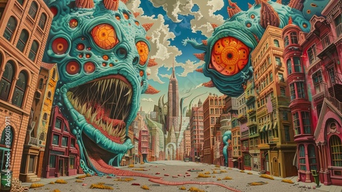 The image shows a city street with large, colorful monsters looming over the buildings photo
