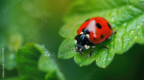 ladybug on a leaf macro closeup, blurred background