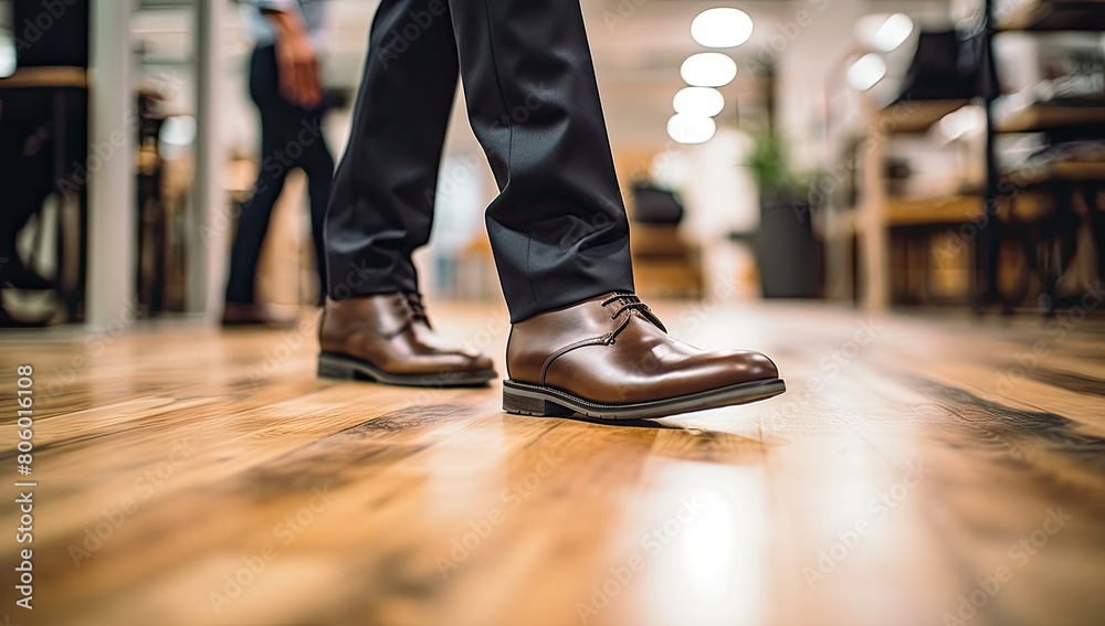 Fototapeta premium A man wearing brown shoes and pants walks across a room