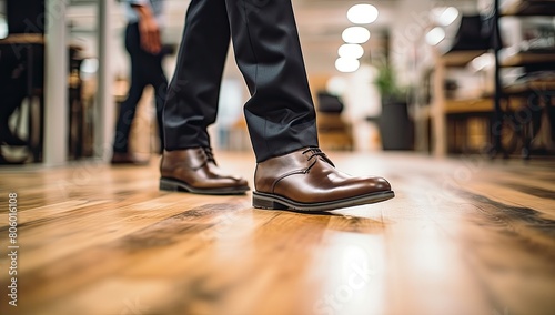 A man wearing brown shoes and pants walks across a room