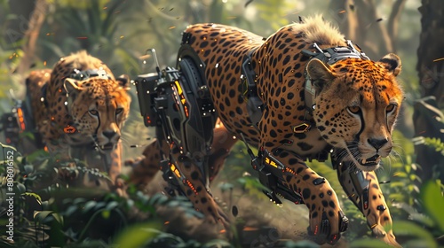 The image shows two robotic cheetahs running through a jungle