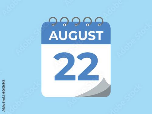 August 22 calendar reminder. 22 August daily calendar icon template. Calendar 22 August icon Design template. Vector illustration
