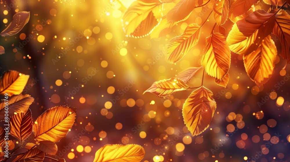 Abstract background with golden yellow leaves and bokeh lights, glowing effect. Background for design in autumn, fall season, wedding card, 3d rendering illustration.