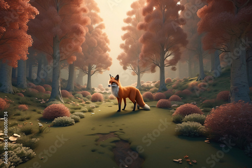 Fantasy of a fox looking at the situation in the forest photo