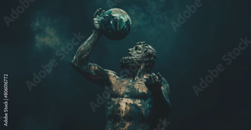 A statue of a man holding a ball in his hand