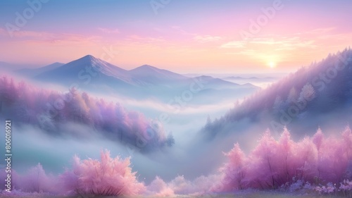 Foggy sunrise over mountains, hazy fantasy style scene, landscape trees clouds surface heavenly high altitude travel photo