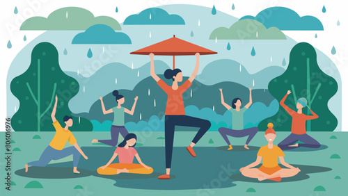 As rain sprinkles down a group of dedicated yogis continue their practice under a covered area in the park maintaining precautions for safety.. Vector illustration