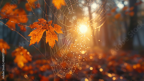 Intricate Spider Web Entangled With Autumn Leaves
