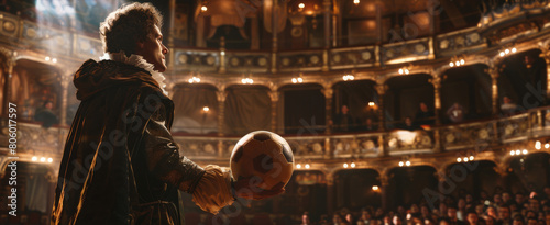 An actor dressed as Hamlet holds a soccer ball in his hands and talks to it. A beautiful theater with decorations and spectators. Everybody loves football