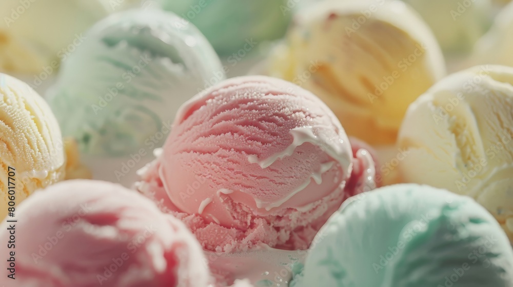 Close-up of pastel-colored ice cream scoops, perfect for a sweet treat Close-up of pastel-colored ice cream scoops, perfect for a sweet treat
