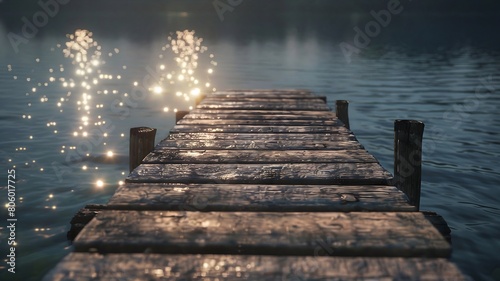  A wooden pier jutting out into a shimmering lake, perfect for fishing. . 
 photo