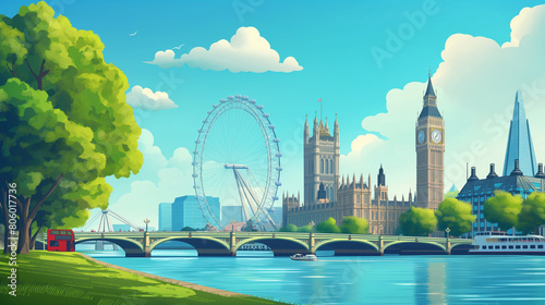 Panorama view of London, England skyline with world famous landmarks. London eye, Big Ben