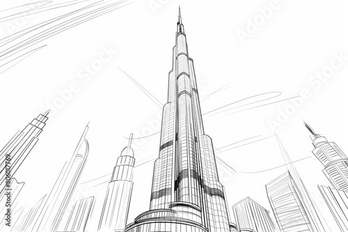 Black and white line drawing illustration of Burj Khalifa, the world's tallest building, in Dubai, UAE