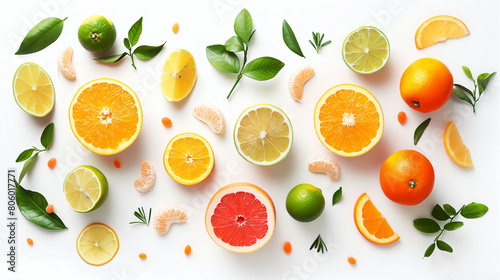 Different tasty cut citrus fruits on white background. SET OF FRUITS ORANGE LEMON GRAPEFRUIT LIME