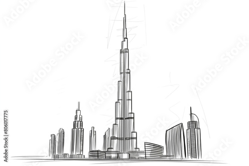 Black and white line drawing illustration of Burj Khalifa, the world's tallest building, in Dubai, UAE photo