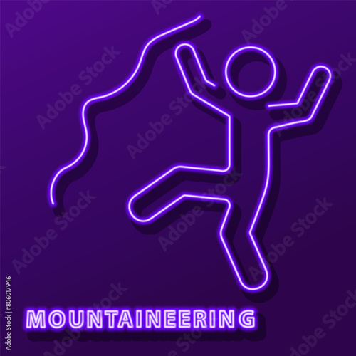 mountaineering neon sign, modern glowing banner design, colorful modern design trend on black background. Vector illustration.