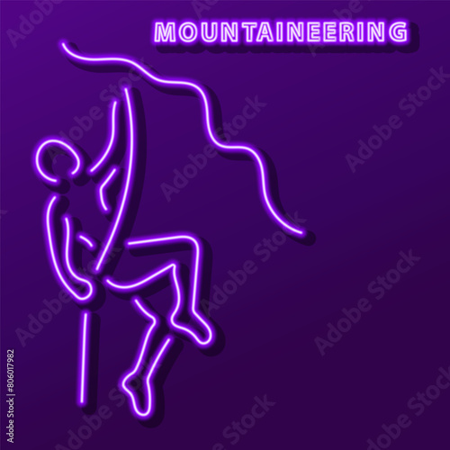 mountaineering neon sign, modern glowing banner design, colorful modern design trend on black background. Vector illustration.
