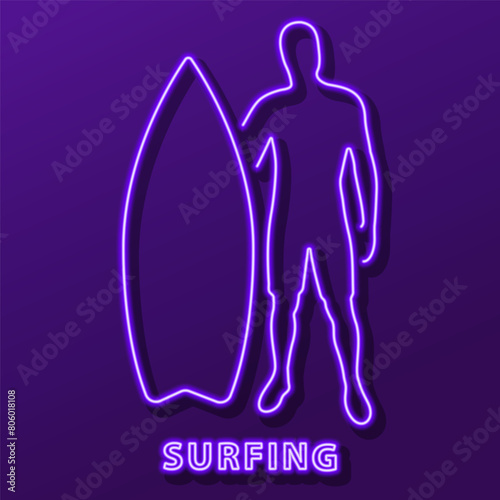 surfing neon sign, modern glowing banner design, colorful modern design trend on black background. Vector illustration.