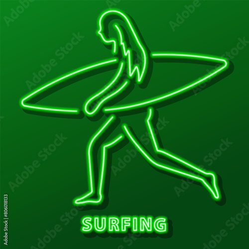 surfing neon sign, modern glowing banner design, colorful modern design trend on black background. Vector illustration.