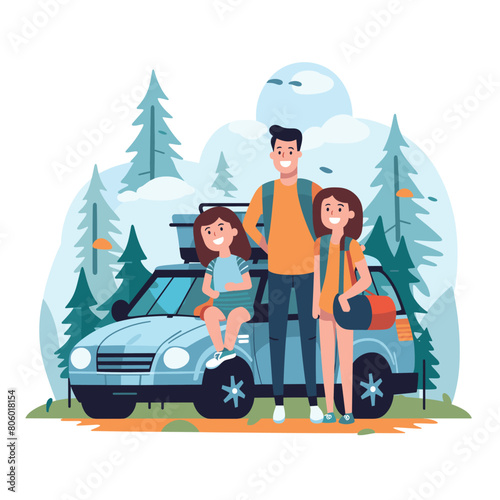 Family road trip, father daughter son smile near car forest background. Cartoon characters ready forest adventure, travel, vacation, leisure. Happy family spending time outdoors, SUV, luggage rack